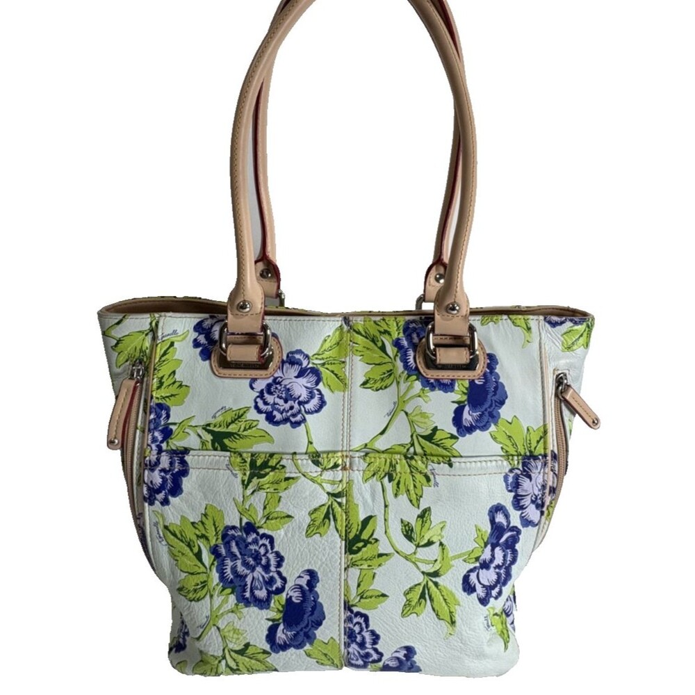 Tignanello Leather Bag Green Leaves Vibrant Blue Tan Trim Shoulder Bag Tote